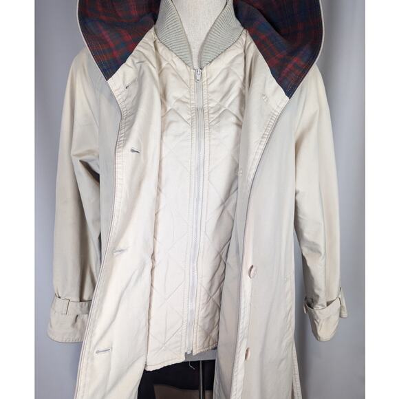 90s Vintage Mervyn's Partner Petites Trenchcoat Lined Hooded Tan Red Plaid Trim - Picture 16 of 16
